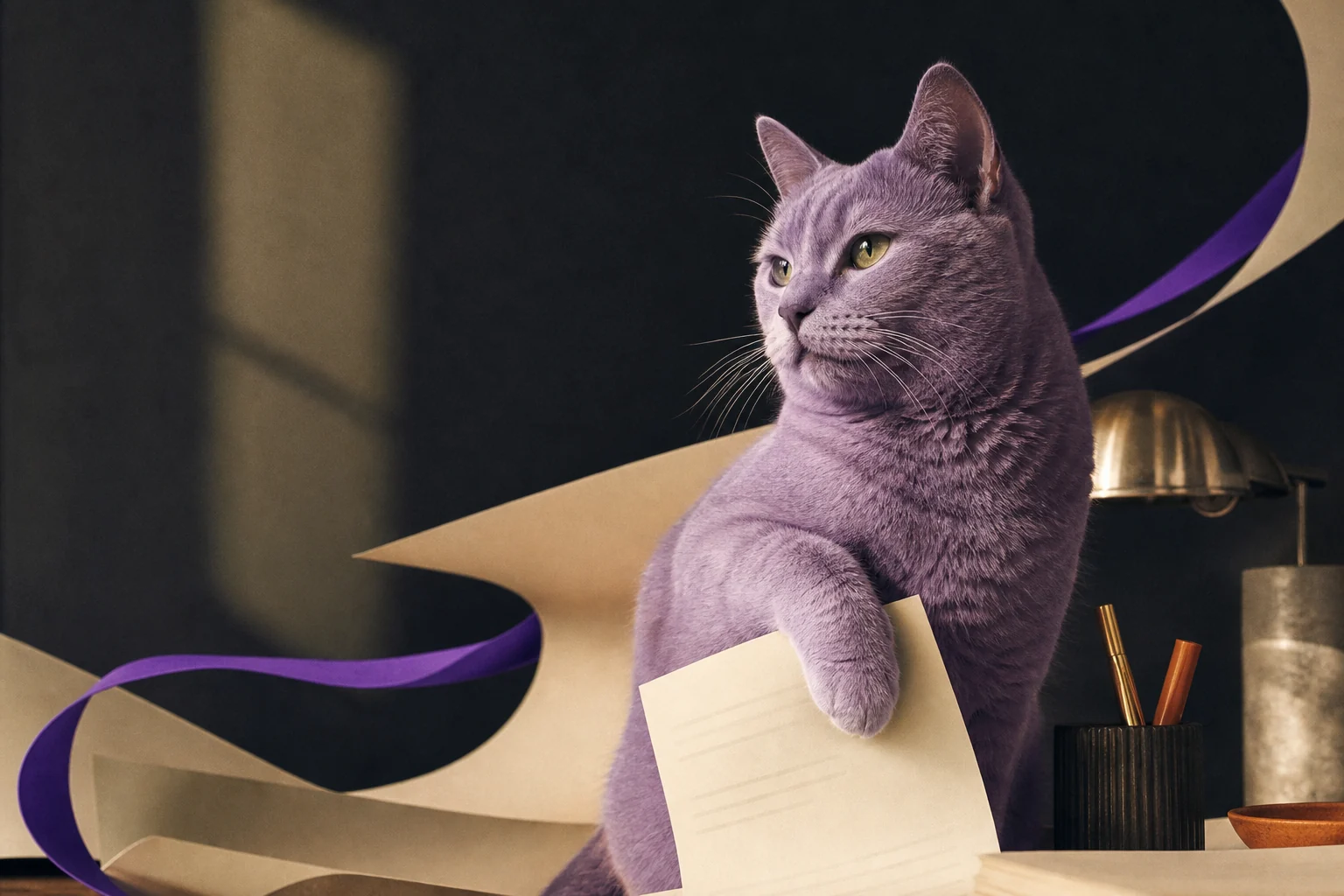 Un gato lila sostiene una factura en un estudio editorial.